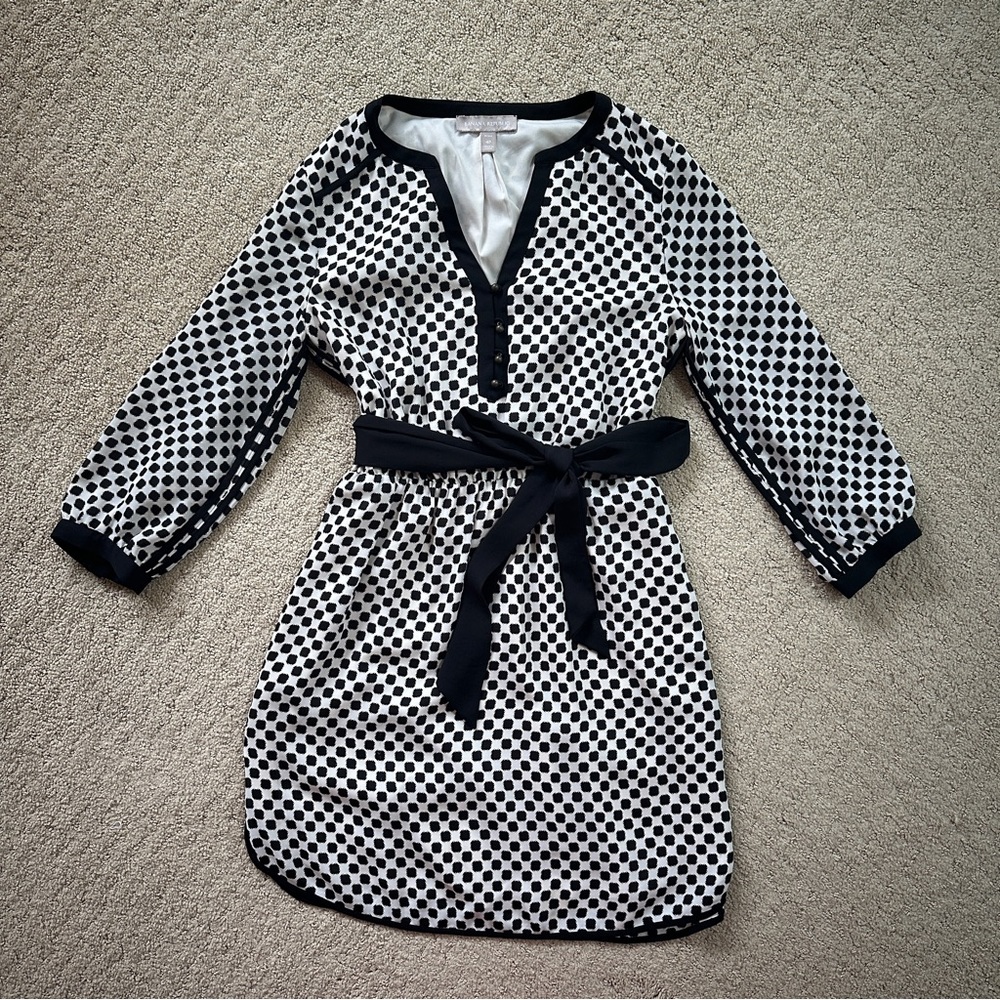 Banana Republic Women’s Ribbon Waistband Black & Ivory Dotted Dress Sz 4 Petite